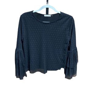 Pebble And Stone Black Crop Sheer Dotted Ruffle Bell Sleeve Top Size Large